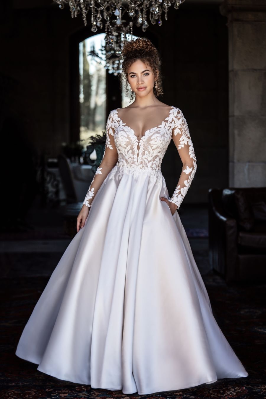 Long Sleeve Mikado Ball Gown Wedding Dress With Dropped Waist And