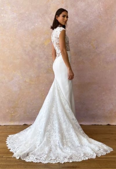 Lace High Neck Sheath Wedding Dress With Cap Sleeves by Ines by Ines Di Santo - Image 2