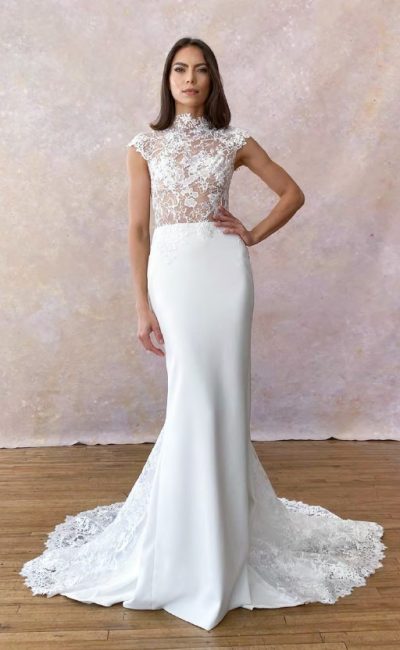 Lace High Neck Sheath Wedding Dress With Cap Sleeves Kleinfeld Bridal 