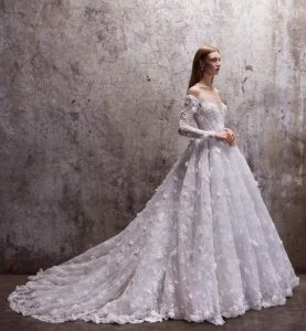 Long Sleeve Off The Shoulder Ball Gown Wedding Dress With Floral Lace ...