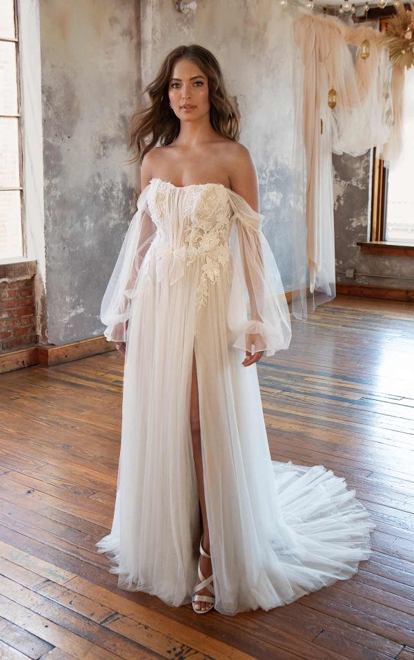 A line Tulle Wedding Dress With Detachable Off The Shoulder Long Sleeves Kleinfeld Bridal