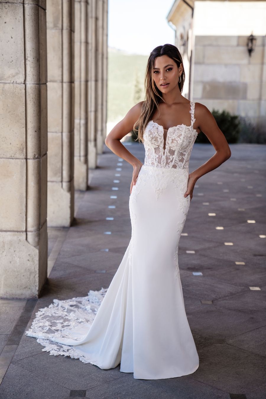 Crepe Sheath Wedding Dress With Lace Bodice Kleinfeld Bridal 7692