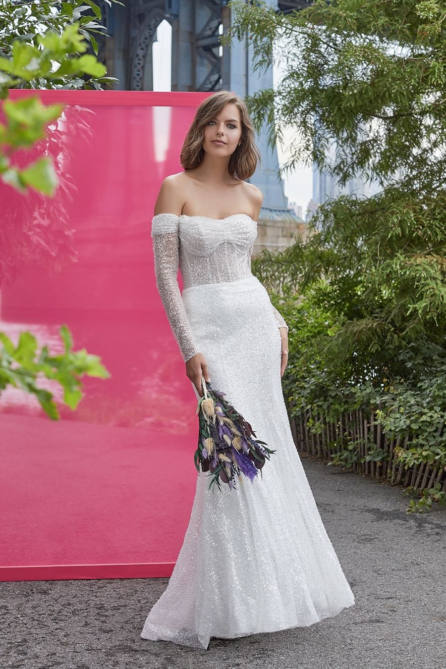 Long Sleeve Off The Shoulder Sheath Wedding Dress With Sequined Tulle