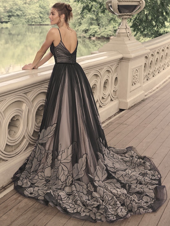 maggie sottero black floral a line wedding dress with v neckline and spaghetti straps 34654533 1