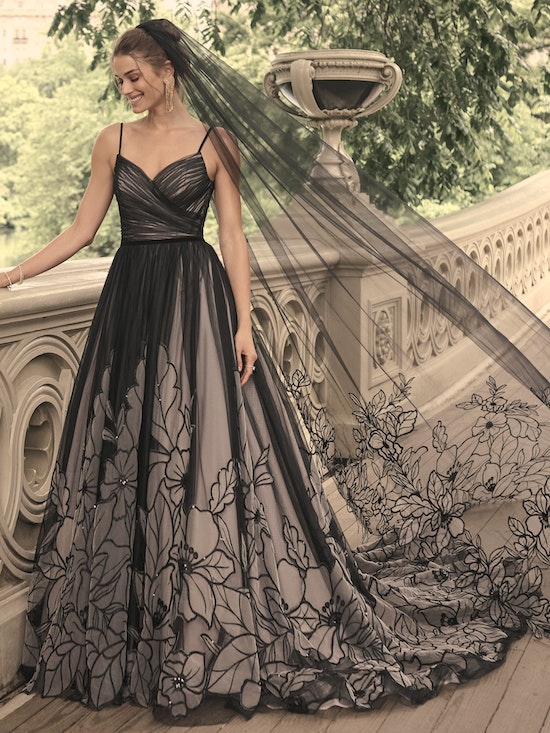 Black Floral A-line Wedding Dress With V-neckline And Spaghetti Straps