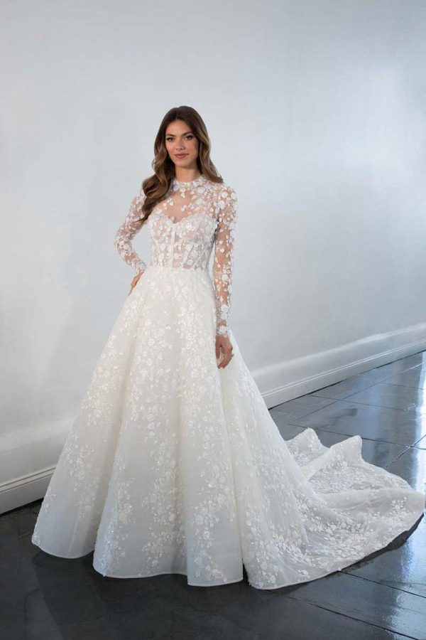 Modest wedding dress with sheer lace sleeve bodice