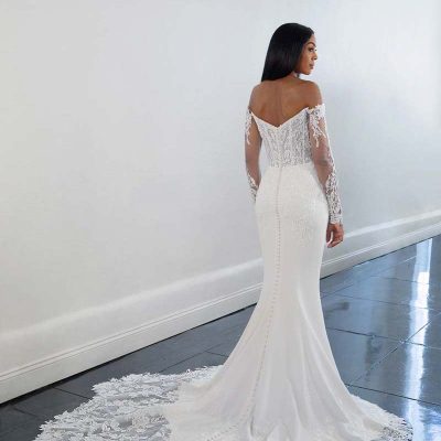 Long Sleeve Off The Shoulder Sheath Wedding Dress With Lace Bodice And ...