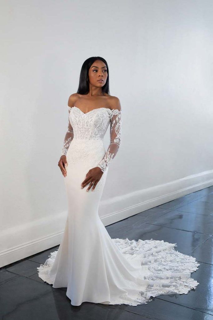 Long Sleeve Off The Shoulder Sheath Wedding Dress With Lace Bodice And Train Kleinfeld Bridal 