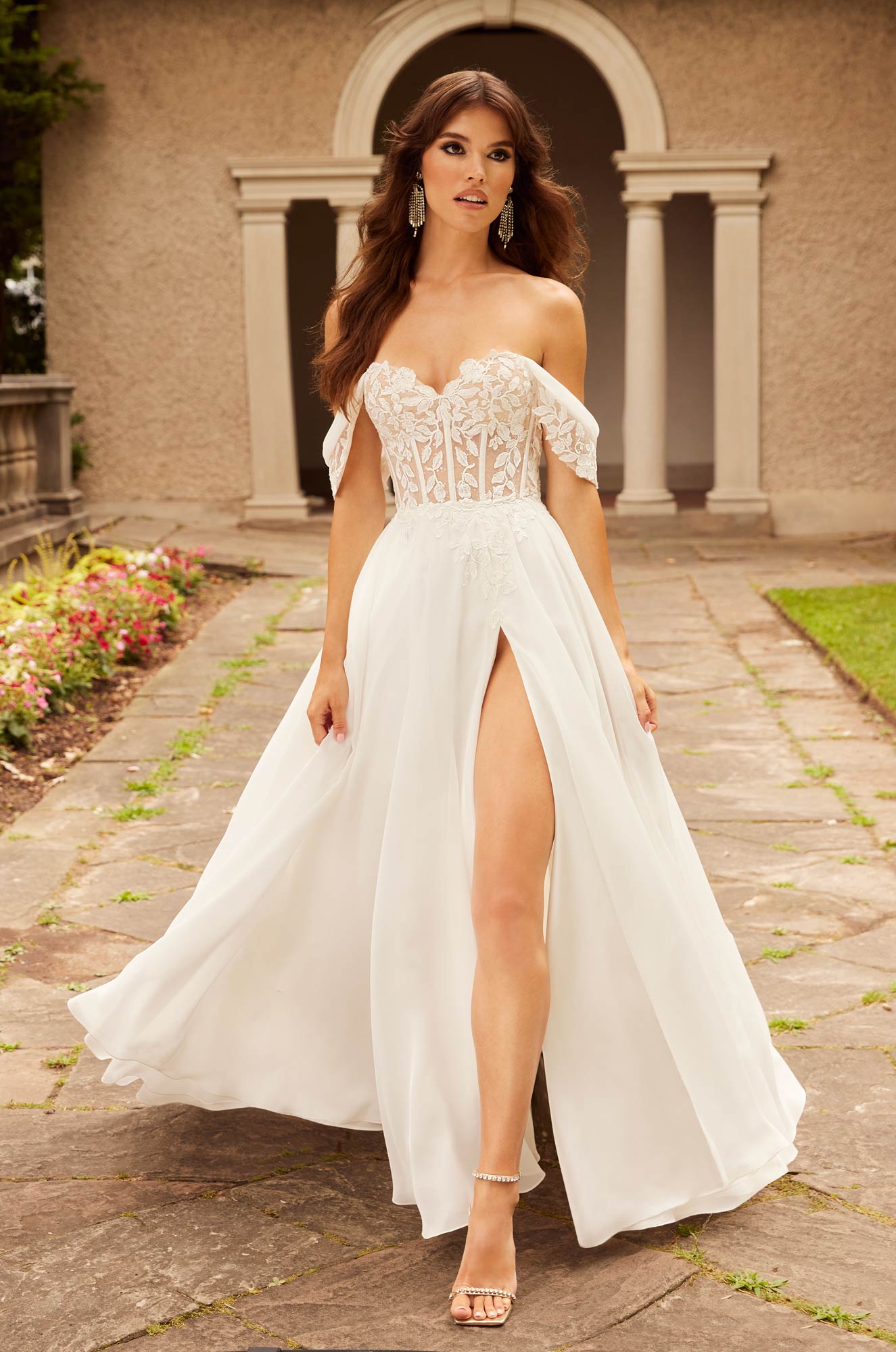 Off The Shoulder A-line Lace Wedding Dress With High Slit.
