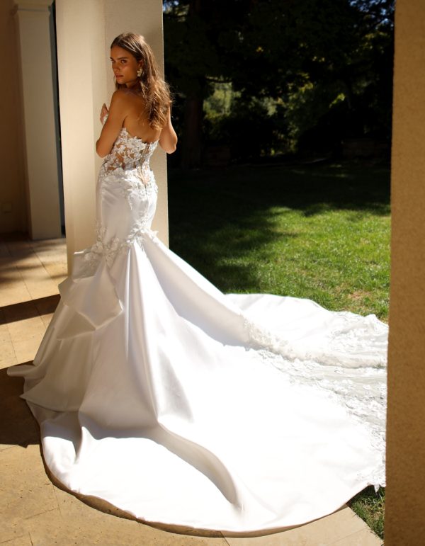 Strapless Fit And Flare Wedding Dress With Lace Bodice And Back