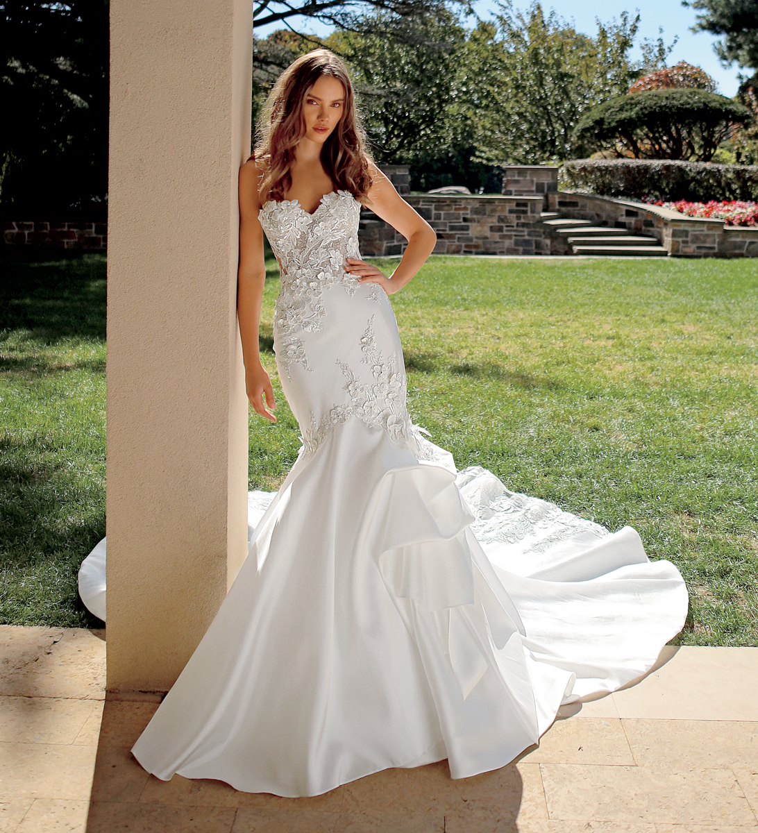 Strapless Fit And Flare Wedding Dress With Lace Bodice And Back