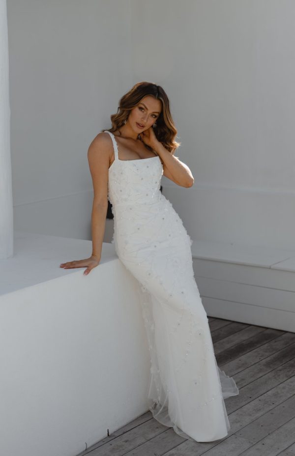 Sleeveless Sheath Wedding Dress With Straight Neckline And 3D Floral  Embellishment