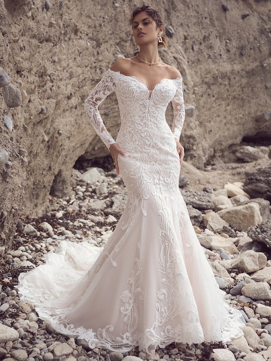 Off The Shoulder Long Sleeve Lace Fit And Flare Wedding Dress | Kleinfeld  Bridal