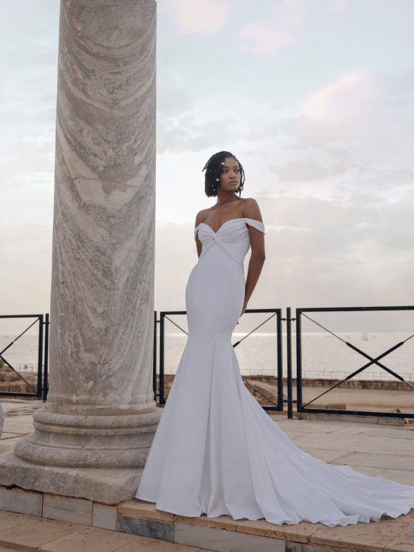 Chic Off-The-Shoulder Fit-And-Flare Wedding Dress With Open Back by Love by Pnina Tornai - Image 1