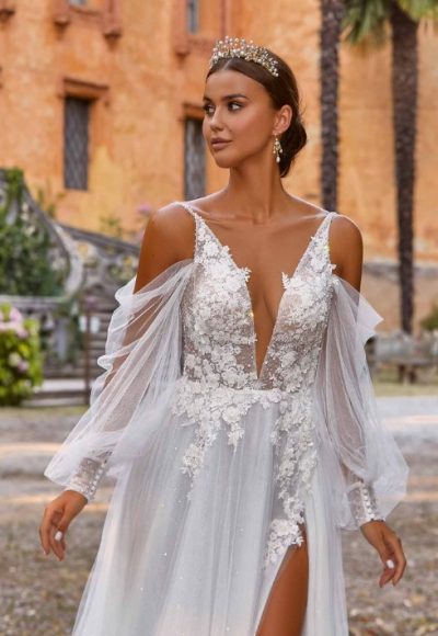 Beaded A-line Wedding Dress With Deep V-neckline And Illusion Long Sleeves