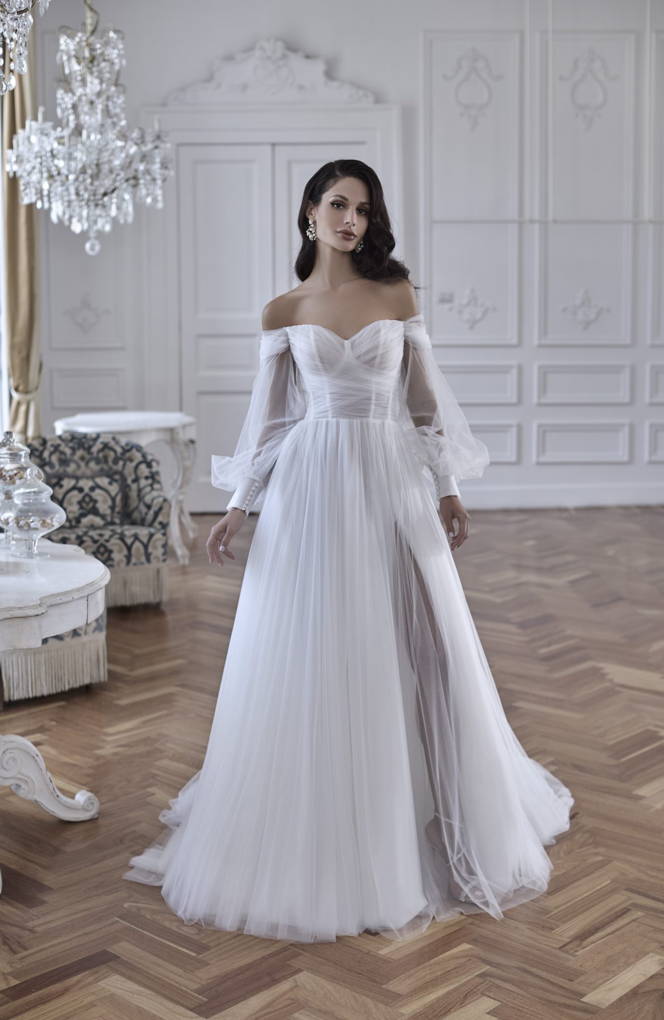 A-line Wedding Dress With Off The Shoulder Long Sleeves | Kleinfeld Bridal