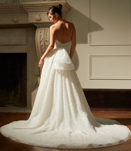 Strapless Pearl Lace Ball Gown Wedding Dress With Back Bow