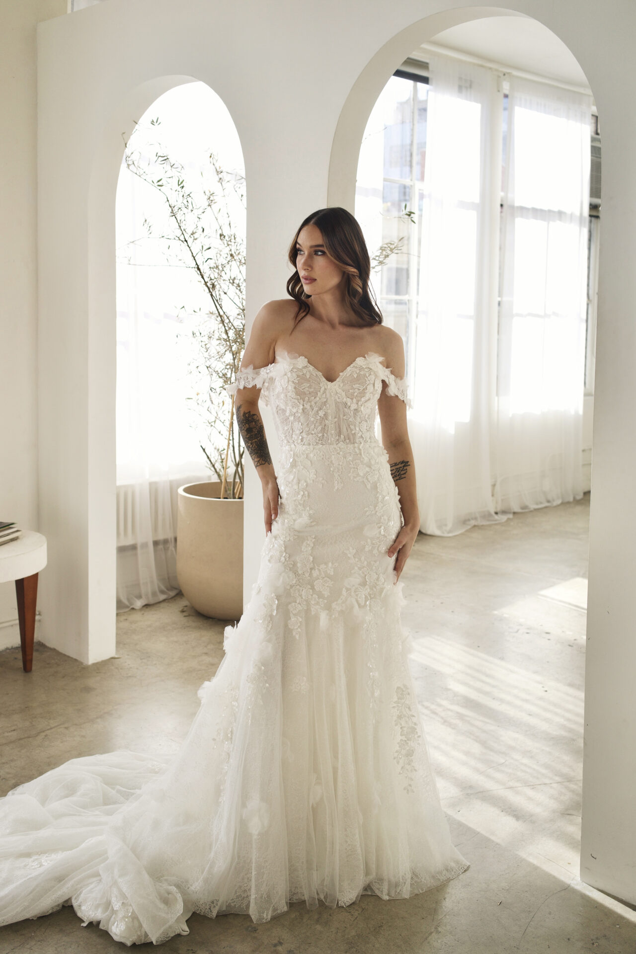Glamorous Beaded Lace Fit-and-Flare Wedding Dress with Off-the-Shoulder  Straps