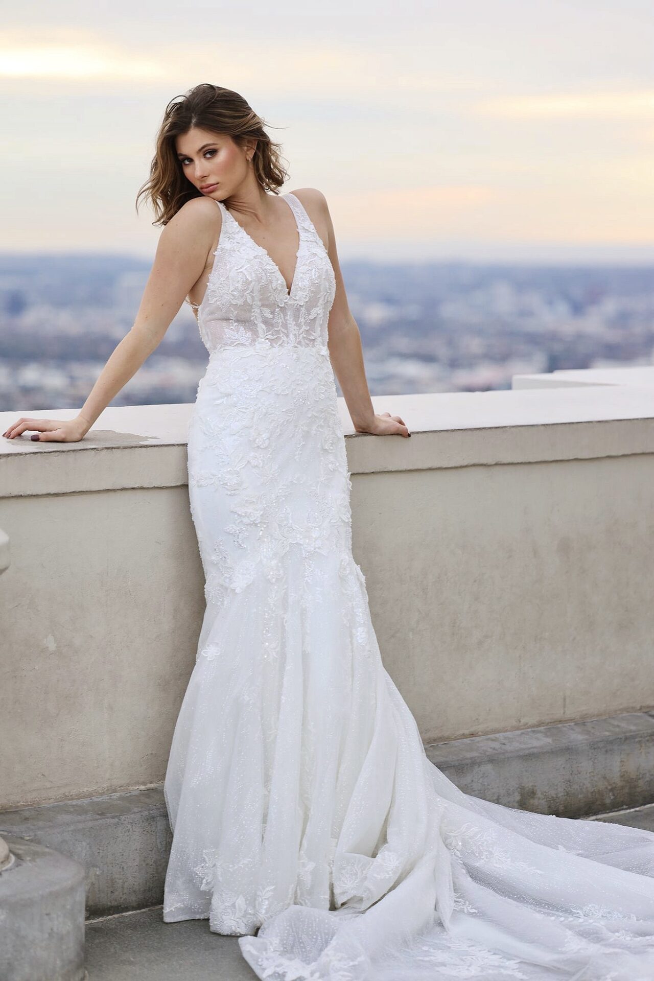 Simple Lace Fit And Flare Wedding Dress With Sheer Back