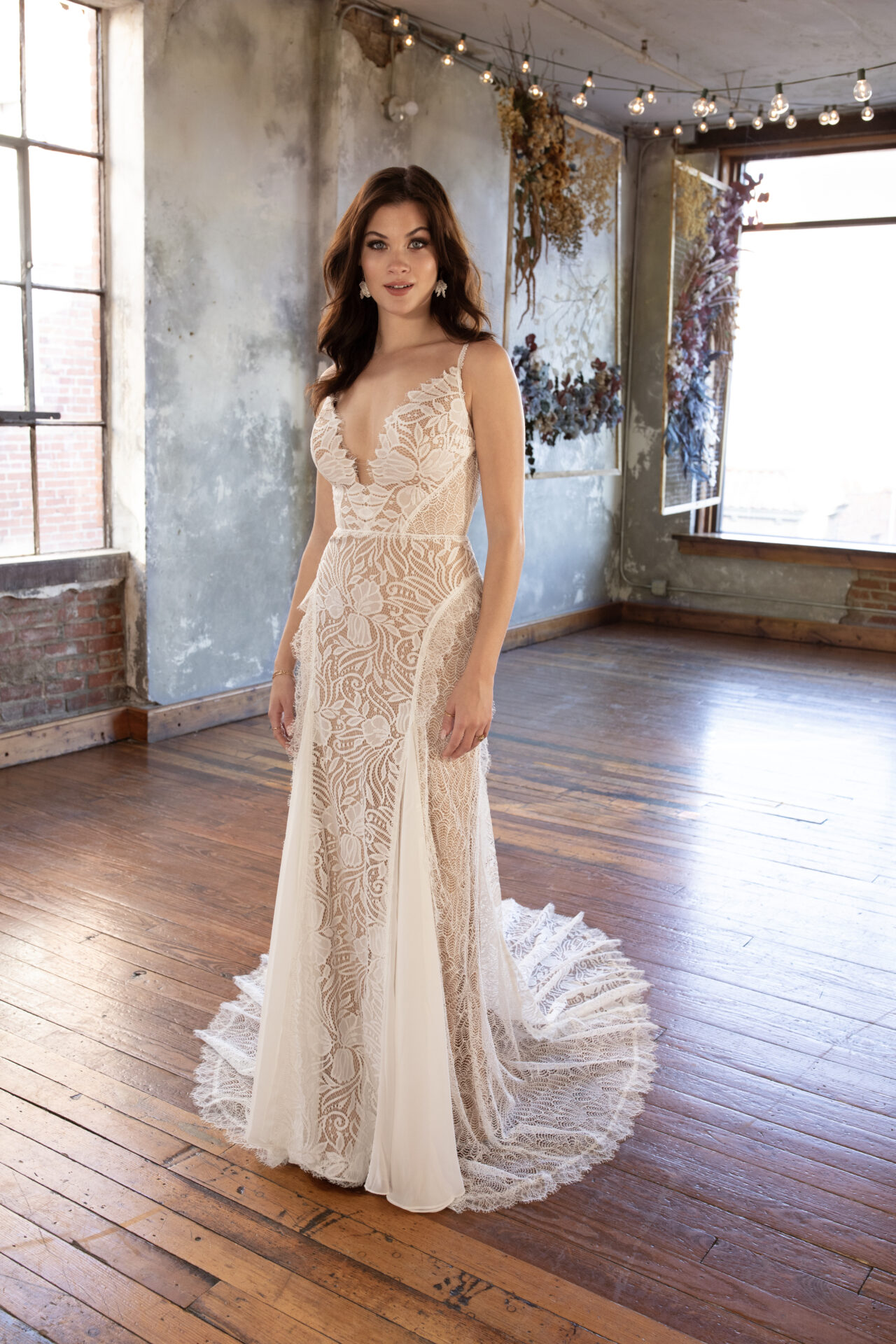 Lace Fit And Flare Wedding Dress With Deep V-neckline