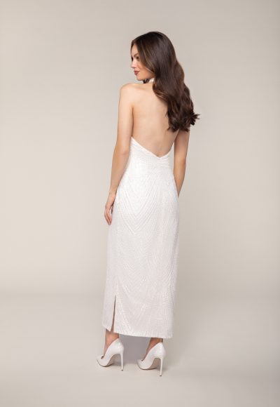 Halter Tea Length Dress Of Sequined Embroidery With Low Back by Anne Barge - Image 2