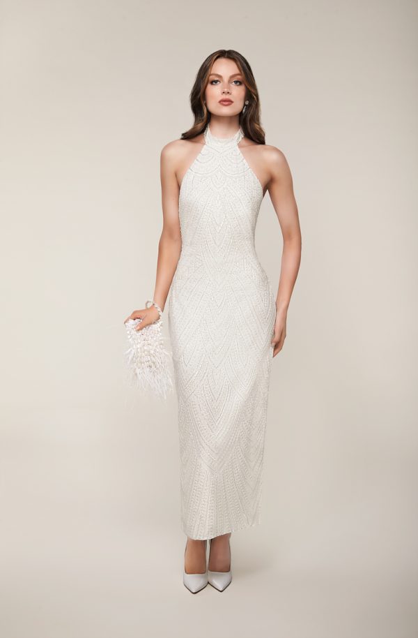 Halter Tea Length Dress Of Sequined Embroidery With Low Back by Anne Barge - Image 1