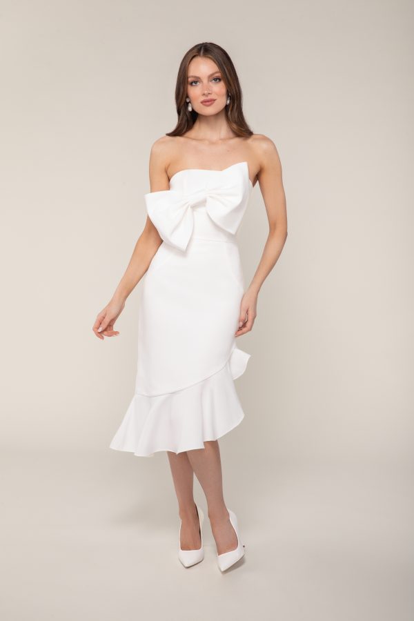 Straight Across Neckline Midi Length Dress Of Faille With An Angular Ruffle At The Hem And Dramatic Bow At Bust by Anne Barge - Image 1