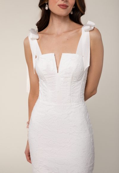 V-notch Knee Length Faux Wrap Dress Of Textured Jacquard With Self-tie Grosgrain Ribbon Straps by Anne Barge - Image 2