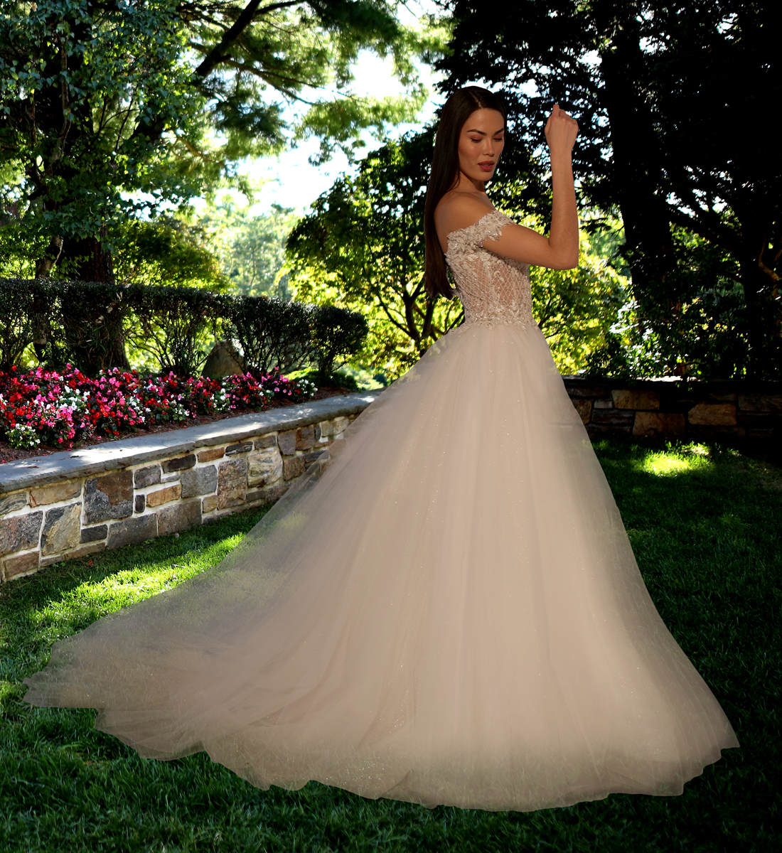 Tulle A-line Gown With Off The Shoulder Straps.