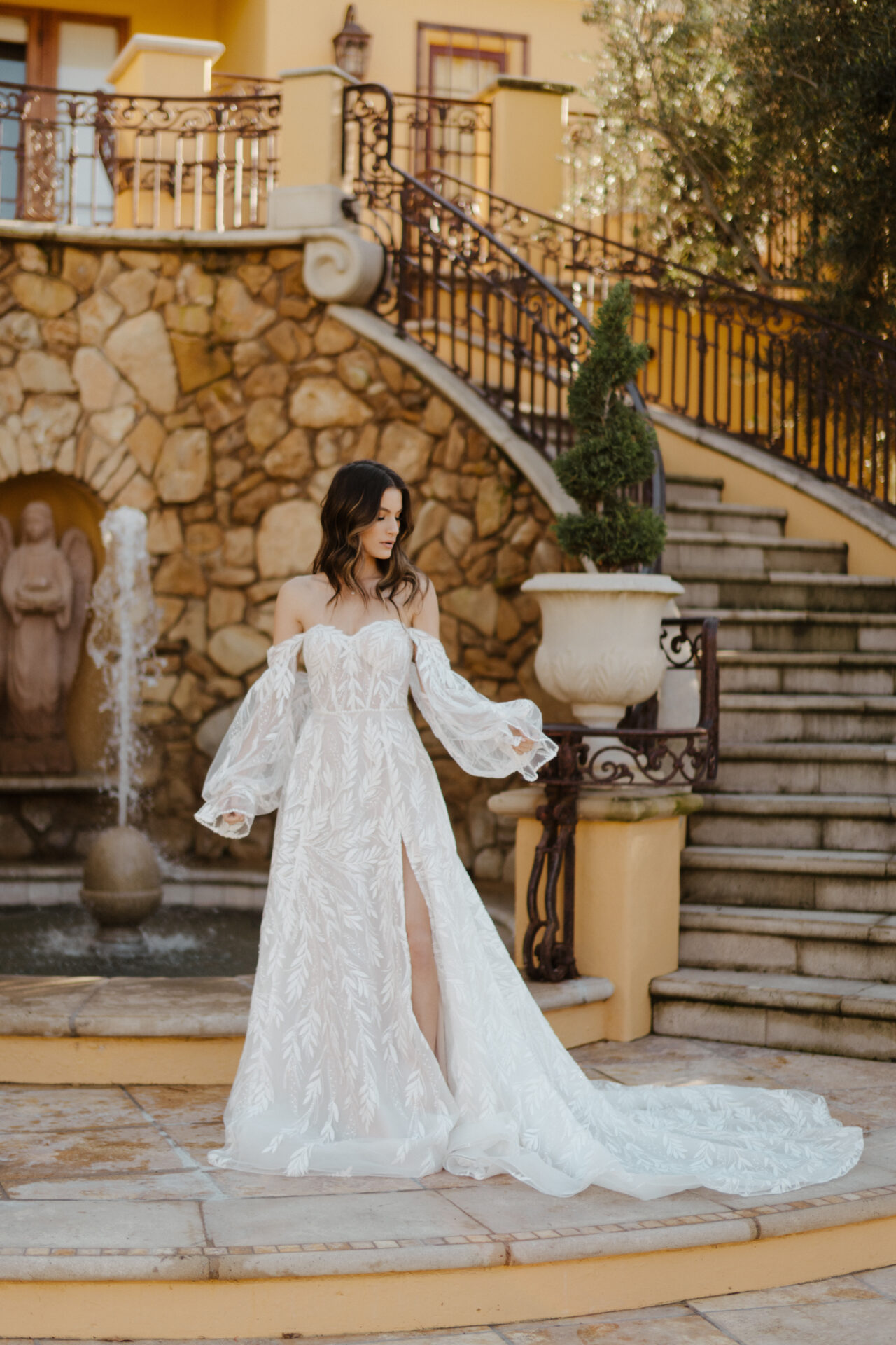 Lace A-line Wedding Dress With Front Slit And Off The Shoulder Sleeves