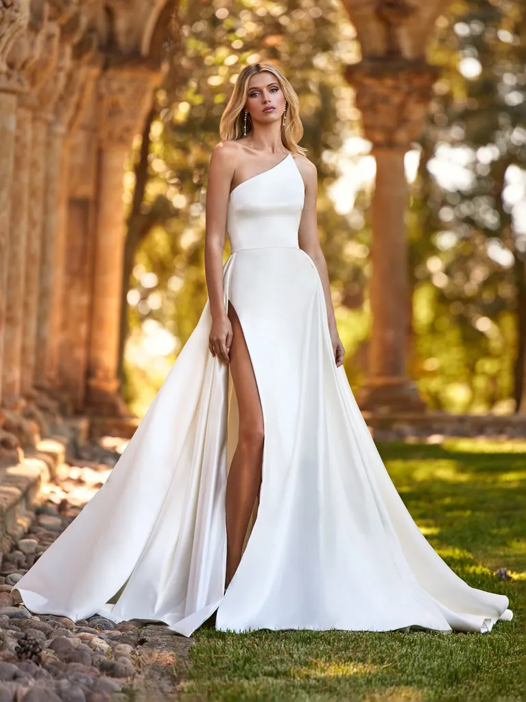 A-line Strapless Satin Thigh Split Wedding Dresses Ruffles Unique Wedd –  SELINADRESS