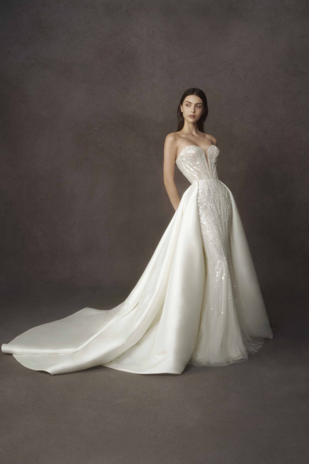 Strapless Mermaid Dress With Geometric Beading And Detachable Mikado Train Kleinfeld Bridal 2837