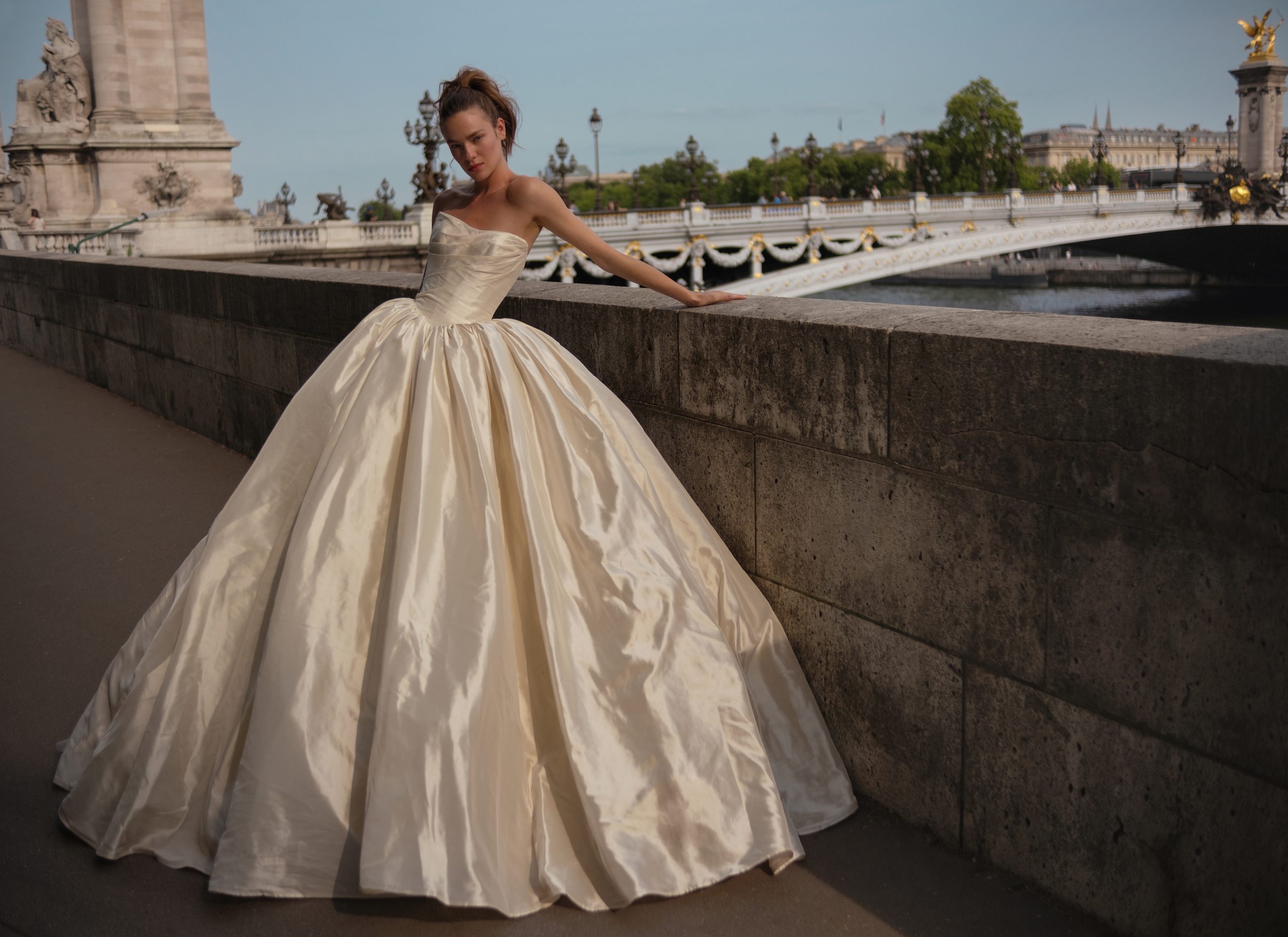 Elegant A Line Strapless Satin Slit Wedding Dresses with Pearls