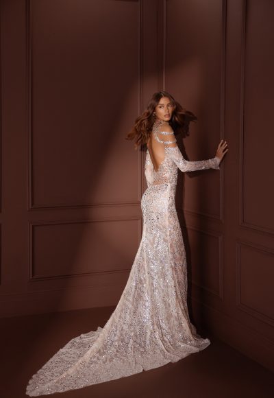 Long Sleeve Crystal-Embellished Fit-and-Flare Wedding Dress by Pnina Tornai - Image 2