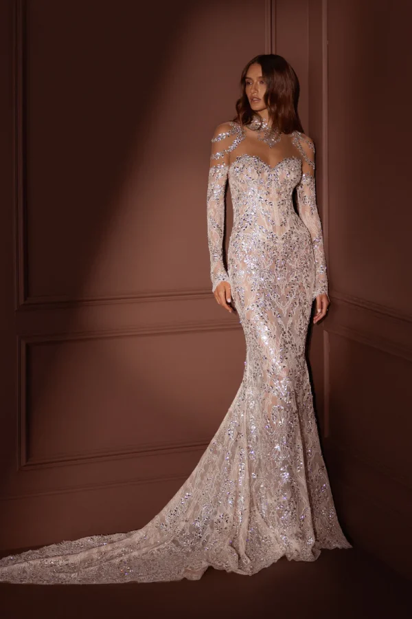 Long Sleeve Crystal-Embellished Fit-and-Flare Wedding Dress by Pnina Tornai - Image 1