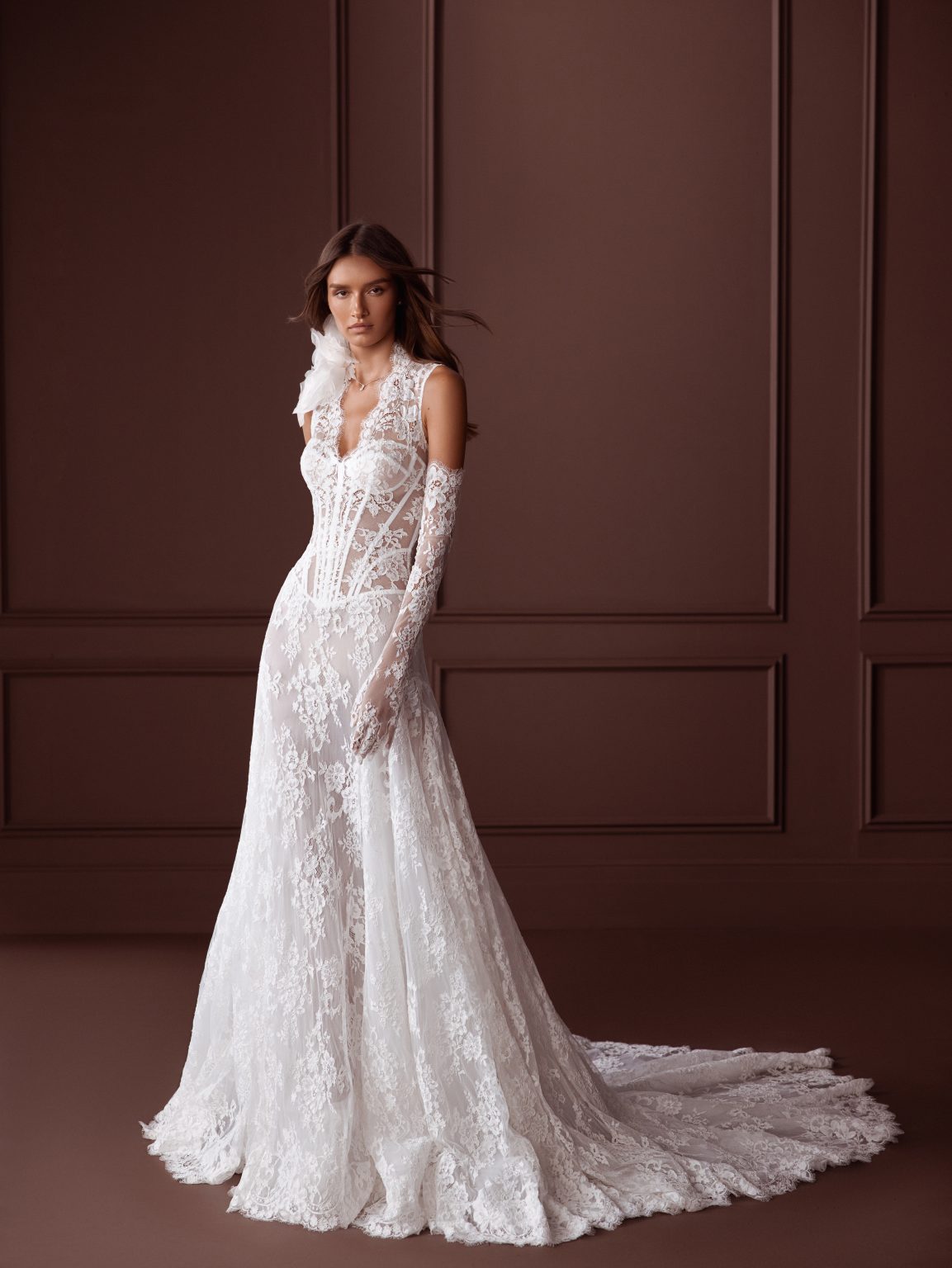 Sleeveless V-neckline Alençon lace gown | Kleinfeld Bridal