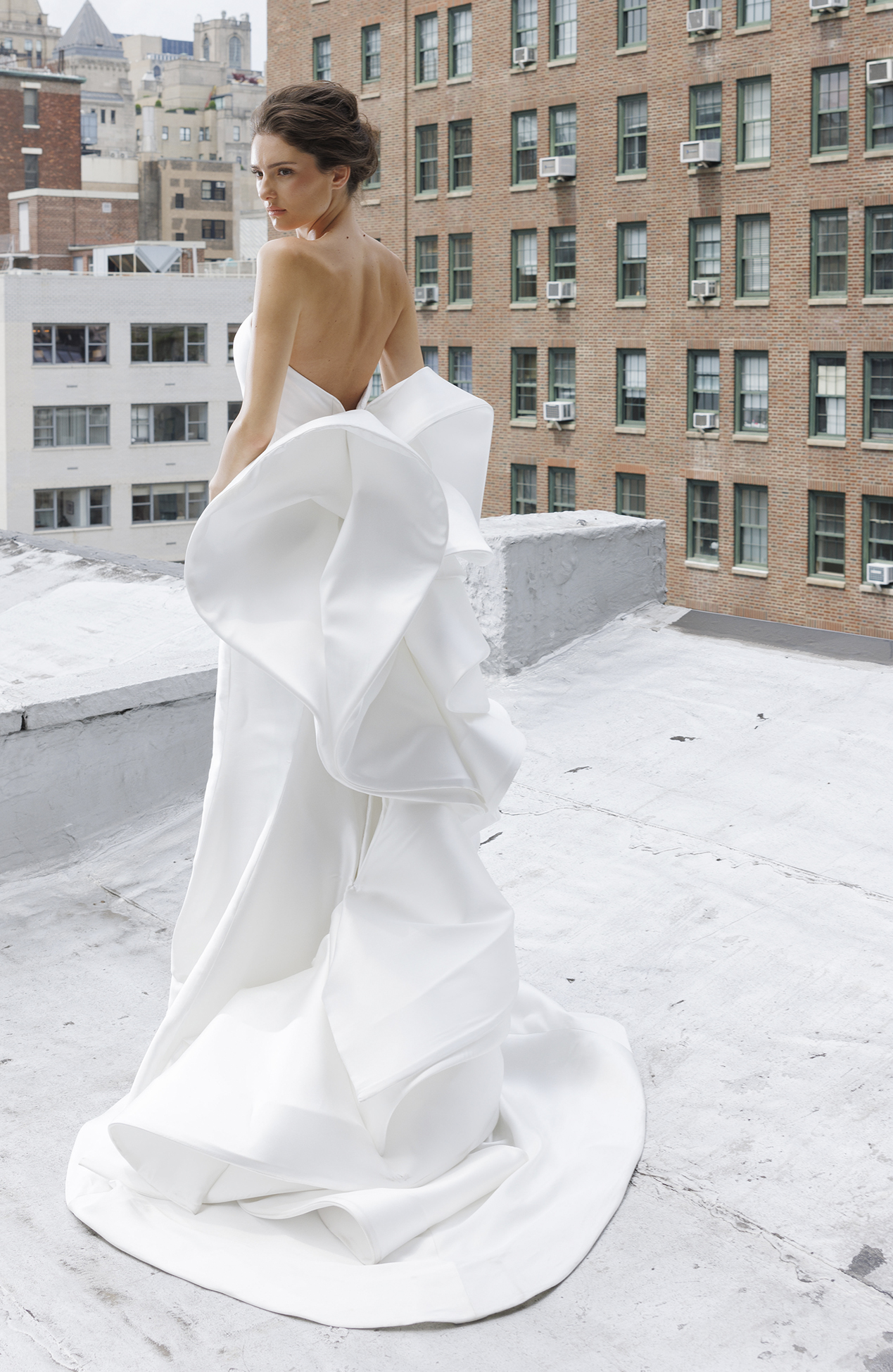 A-line Strapless Satin White Ruffles Wedding Dress Beaded Unique