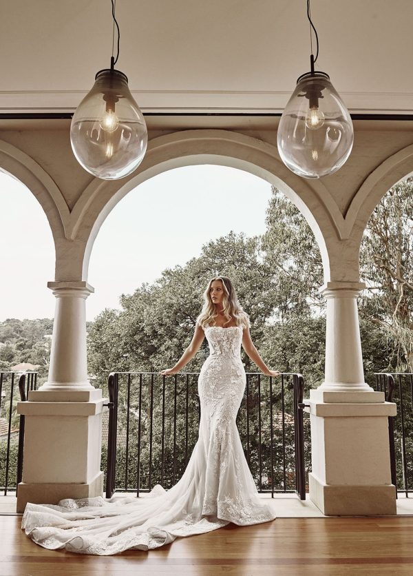 Embellished Square-Neck Fit-and-Flare Wedding Dress With Overskirt by Blanche Bridal - Image 1