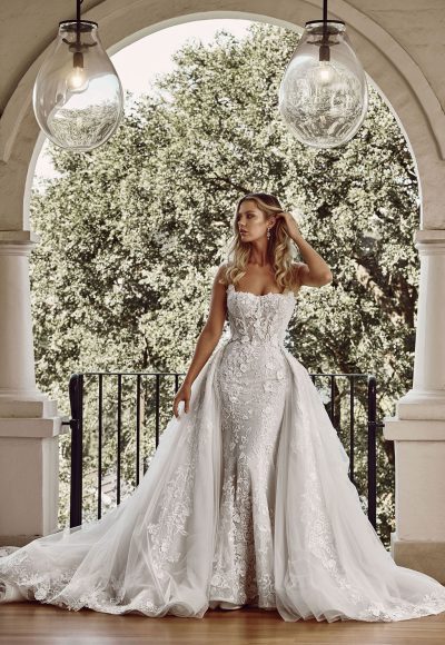 Embellished Square-Neck Fit-and-Flare Wedding Dress With Overskirt by Blanche Bridal - Image 3