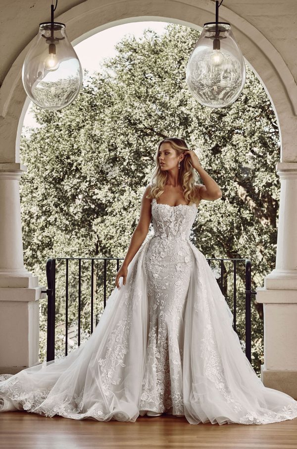 Embellished Square-Neck Fit-and-Flare Wedding Dress With Overskirt by Blanche Bridal - Image 3