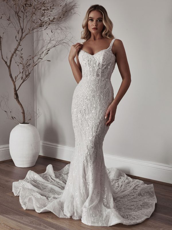 Chic and Sexy Beaded Fit-and-Flare Wedding Dress by Blanche Bridal - Image 1