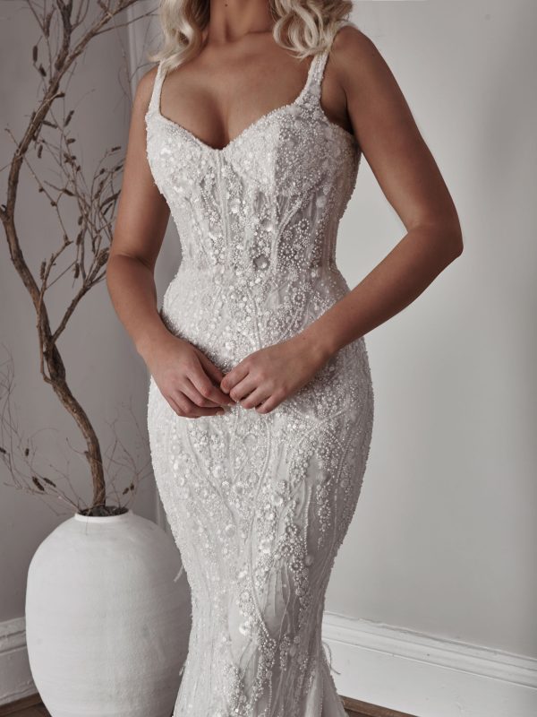 Chic and Sexy Beaded Fit-and-Flare Wedding Dress by Blanche Bridal - Image 3