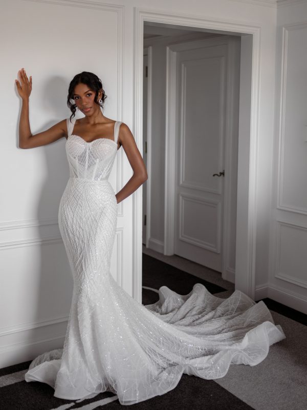 Modern Beaded Fit-and-Flare Wedding Dress by Blanche Bridal - Image 1