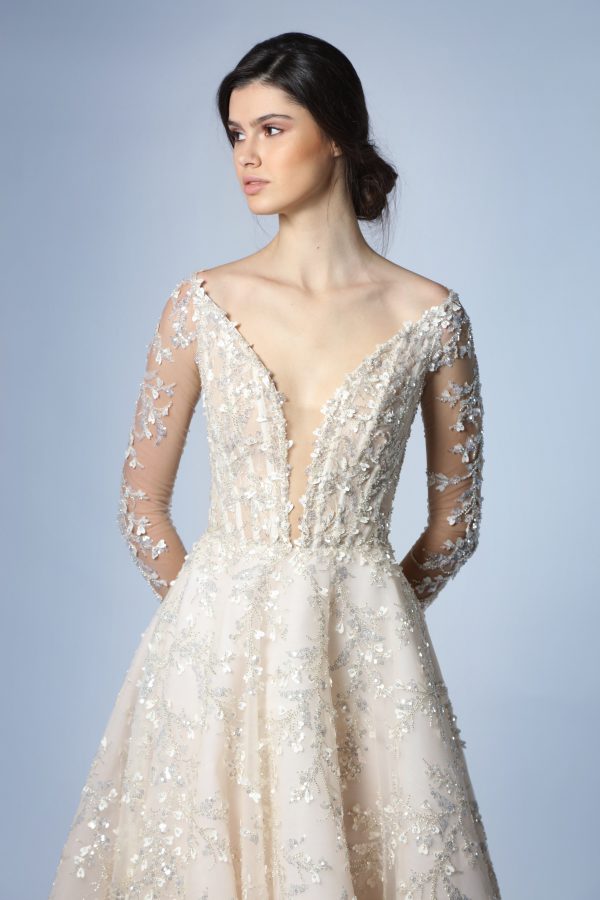 Romantic Illusion Long Sleeve Embroidered A-Line Wedding Dress by Tony Ward - Image 2