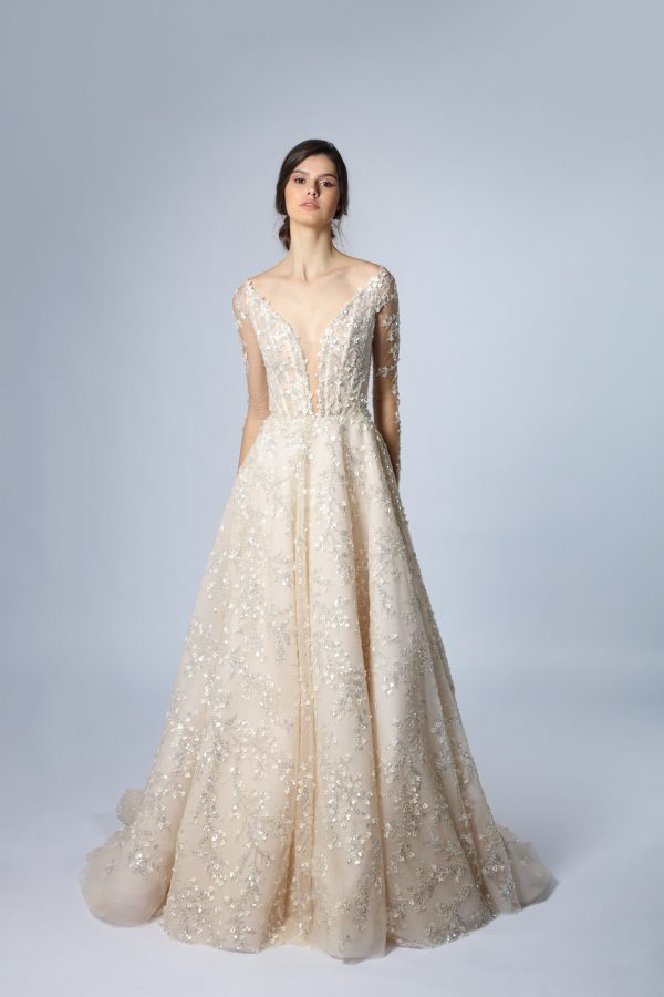 Romantic Illusion Long Sleeve Embroidered A-Line Wedding Dress by Tony Ward - Image 1