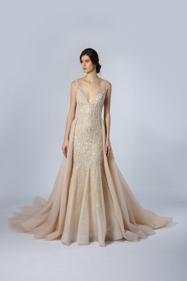 Embroidered V-Neck Fit-and-Flare Wedding Dress With Overskirt by Tony Ward - Image 1