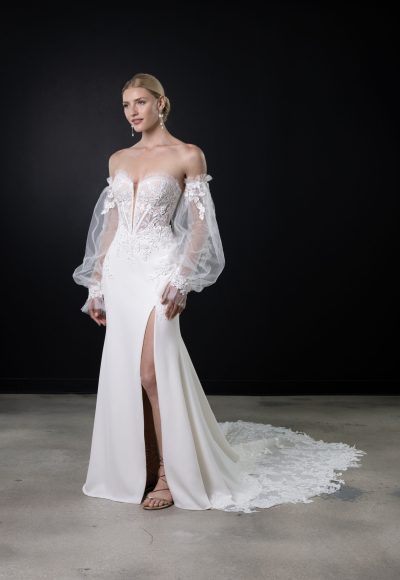Lace And Crepe Sheath Gown With Detachable Puff Sleeves by Martina Liana