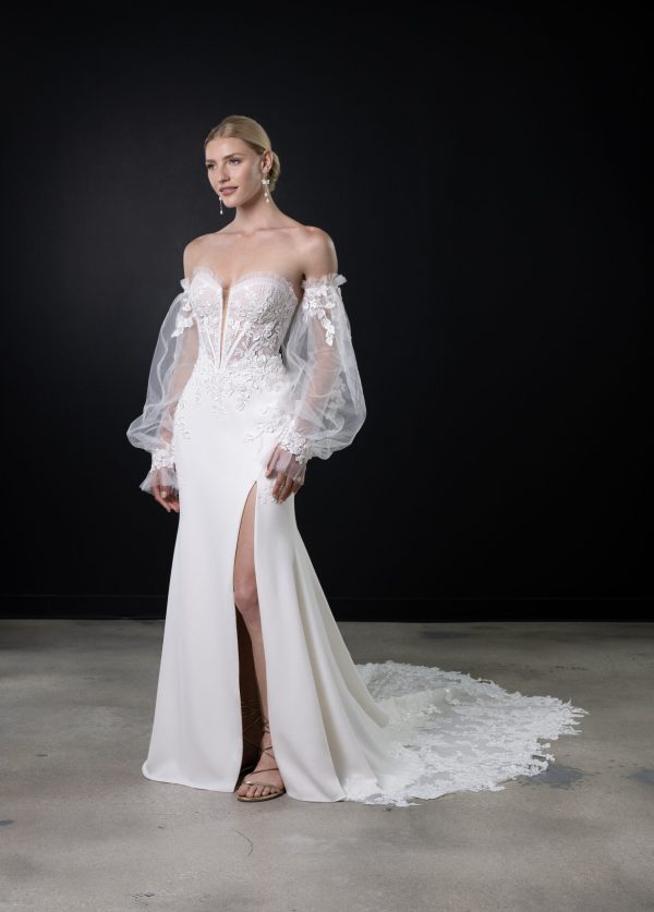 Lace And Crepe Sheath Wedding Dress With Detachable Puff Sleeves by Martina Liana - Image 1