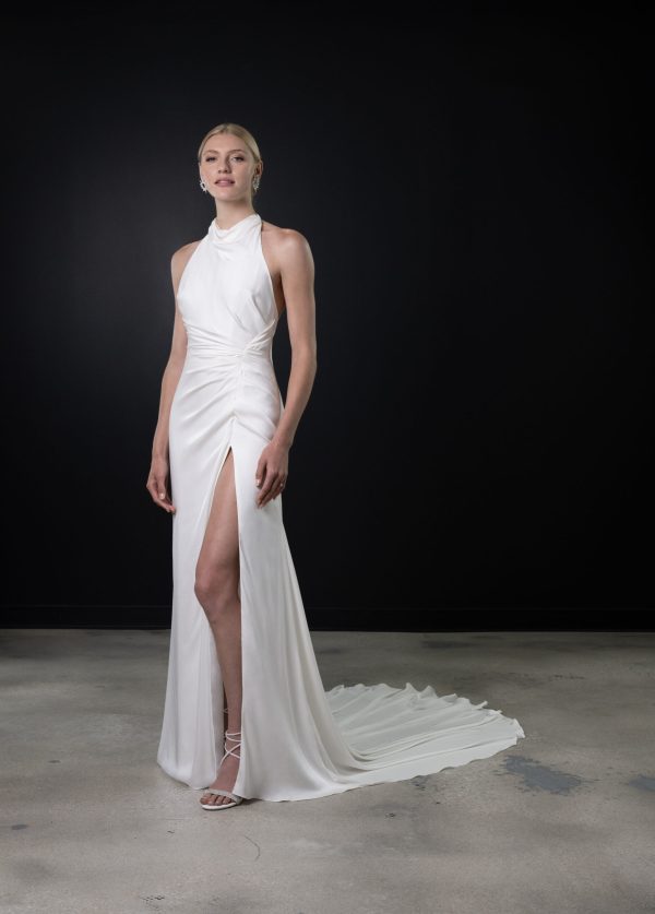 Simple Halter Sheath Wedding Dress With Slit by Martina Liana - Image 1