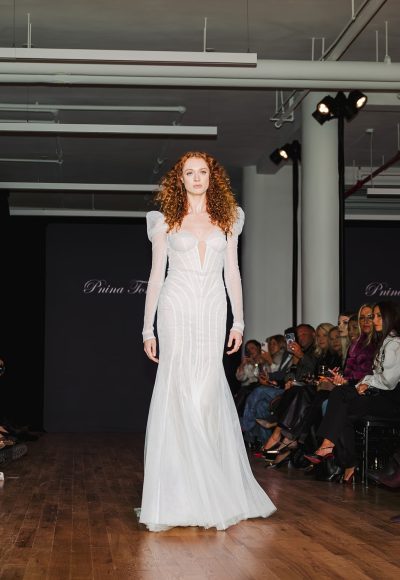 Long Sleeved High Neck Illusion Lace Sheath Wedding Dress With Slit